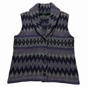 Lauren Ralph Lauren 100% Wool Fair Isle Grey Purple Shawl Collar Sweater Vest XL